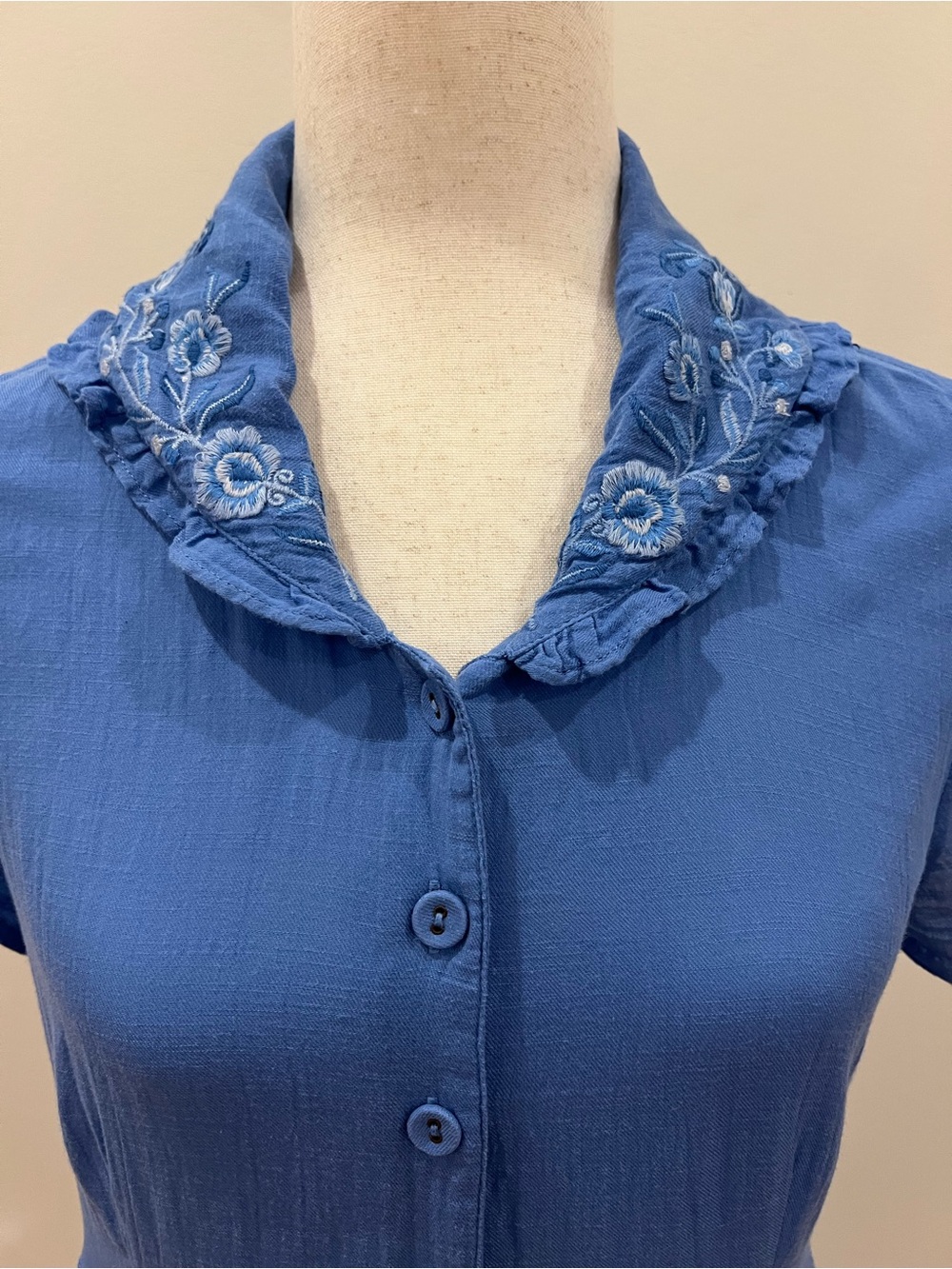 April Cornell Modern Prairie Dress Medium Blue Embroidered Button Front Cottage - Picture 4 of 14